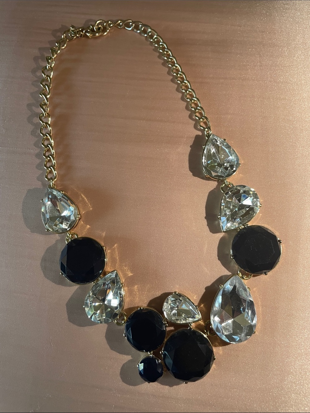 Gold Chain Statement Necklace with Black and Clear Gemstones